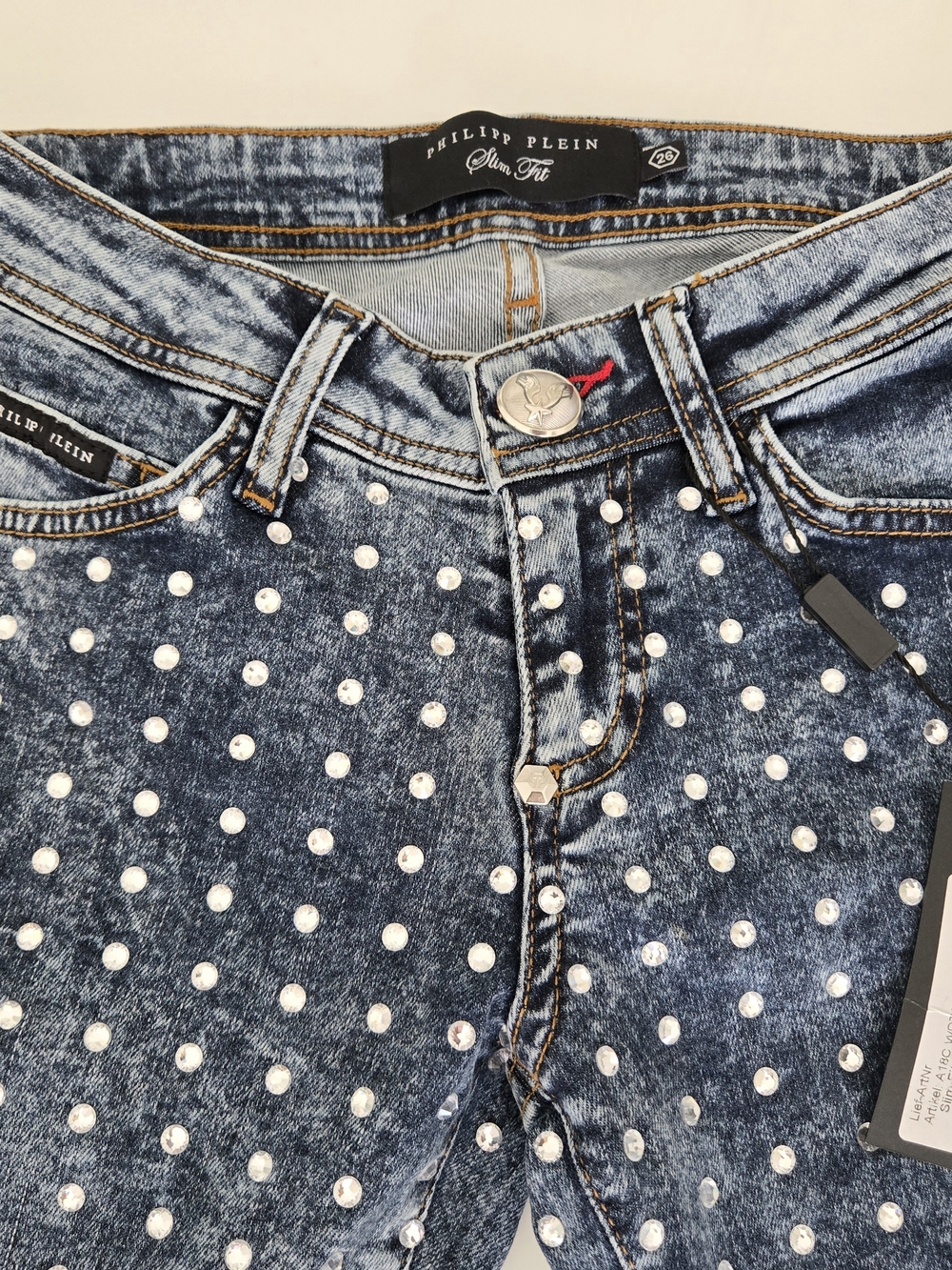 Philipp Plein Women's Slim Fit Studded Acid Wash Jeans - Blue, Size 26, NWT